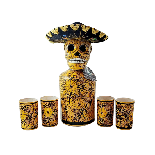 Mexskeletons Decanter & 4 Shot Glass - Yellow with Sombrero